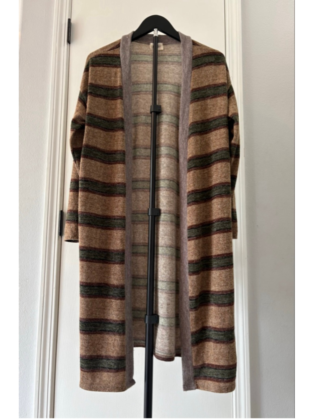 BiBi Earth Toned Striped Open Front Duster Long Cardigan Size S